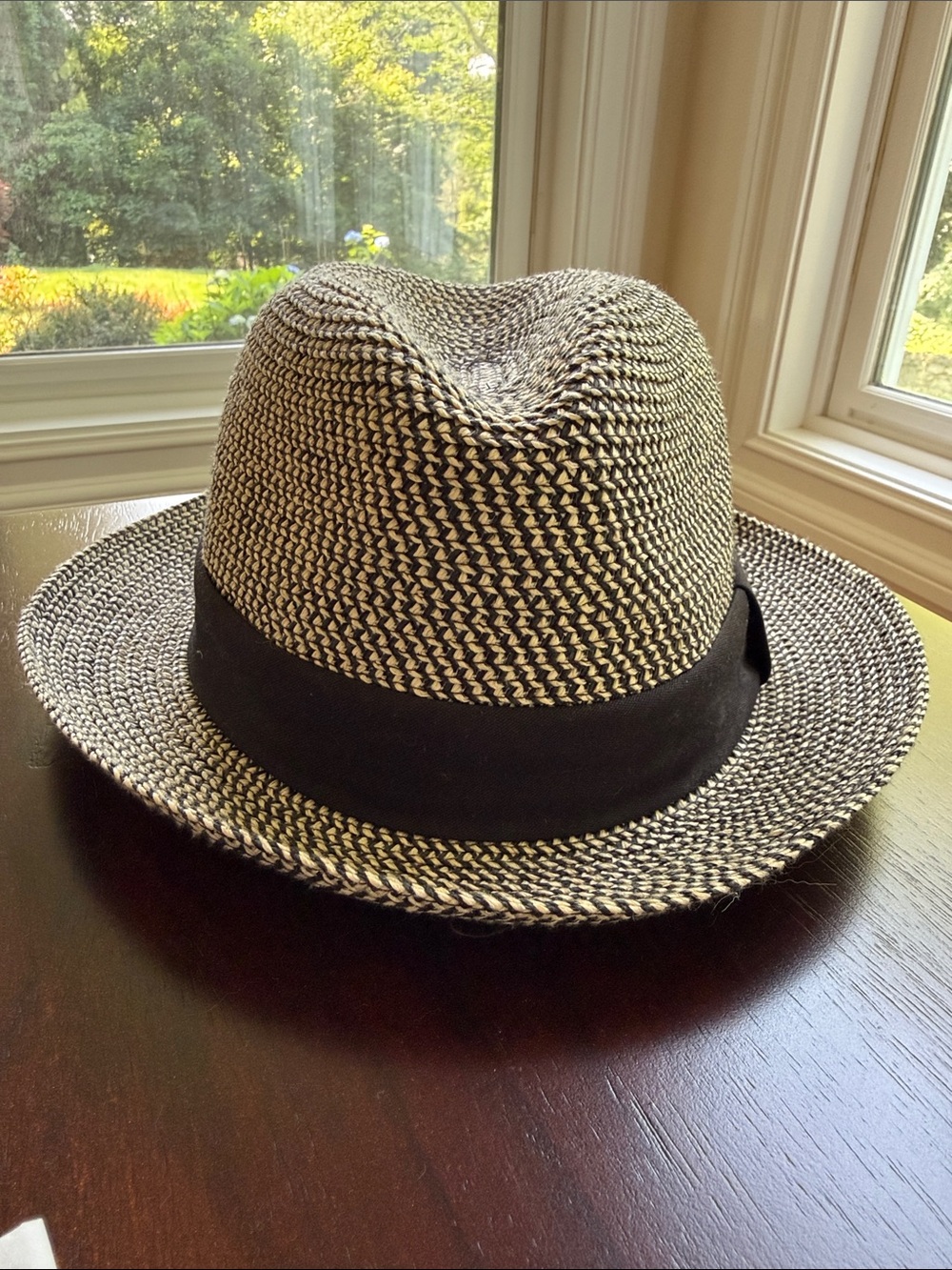 Black and Natural Woven Fedora with Black Band